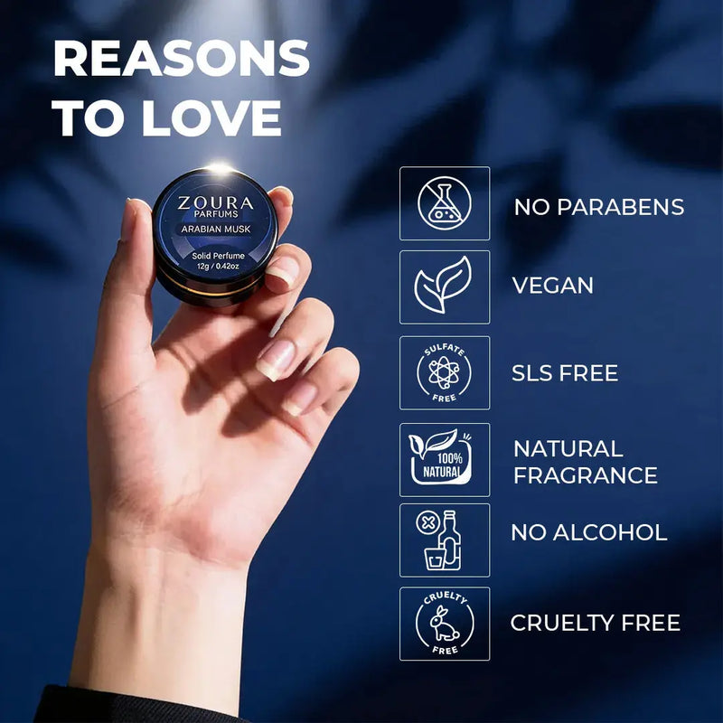 Arabian Musk solid perfume features vegan cruelty free no alcohol