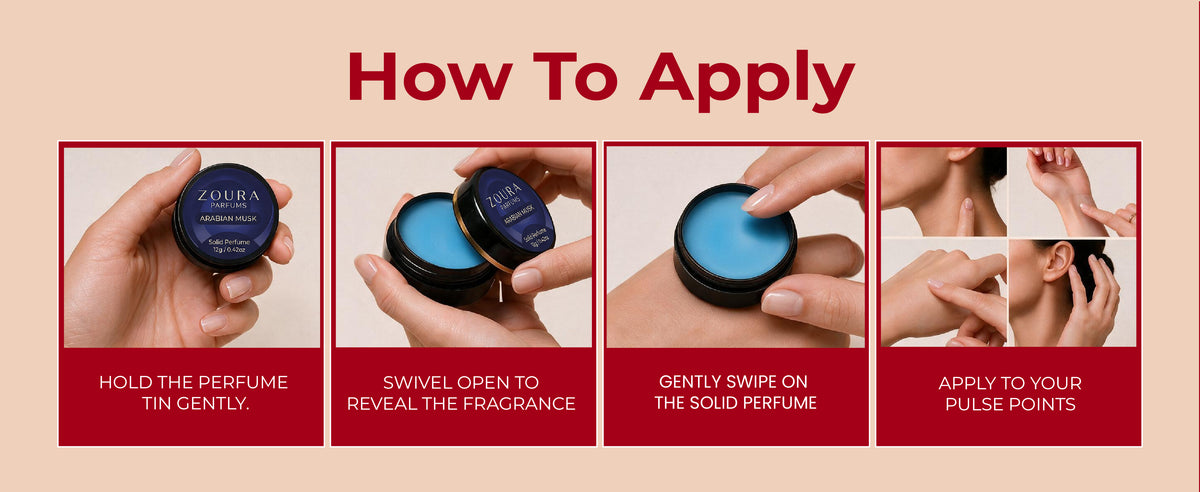 How to apply Zoura Arabian Musk Solid Perfume — hold the tin, swivel open, swipe on skin, apply to pulse points