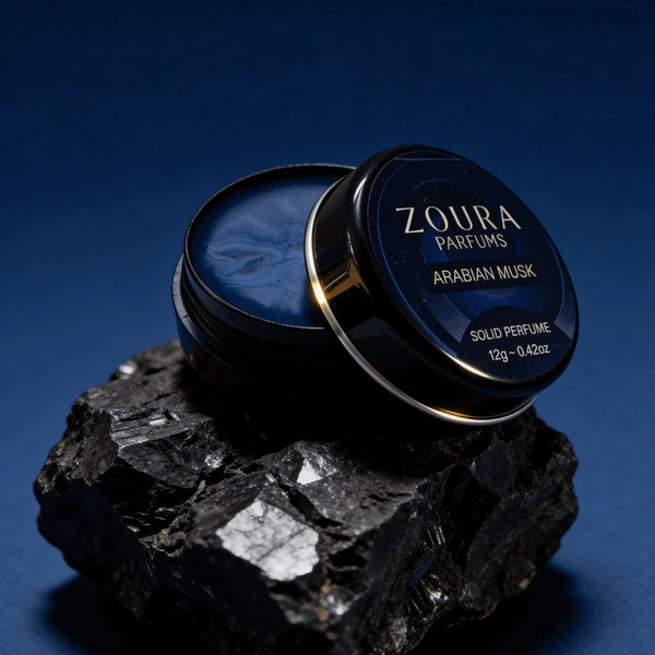 Arabian Musk unisex solid perfume balm texture, open jar by Zoura Parfums
