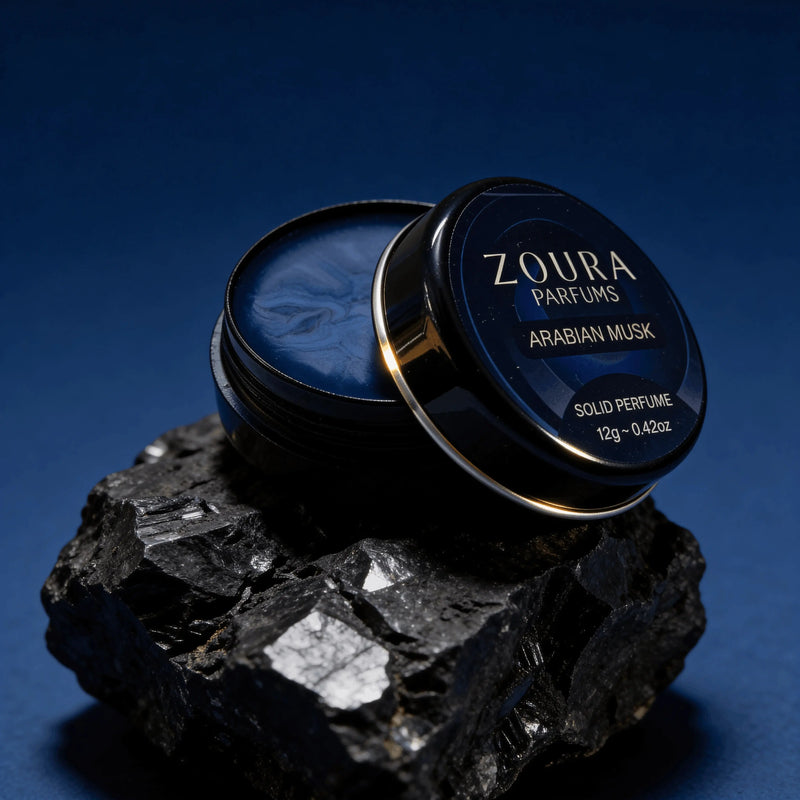 Arabian Musk unisex solid perfume balm texture, open jar by Zoura Parfums