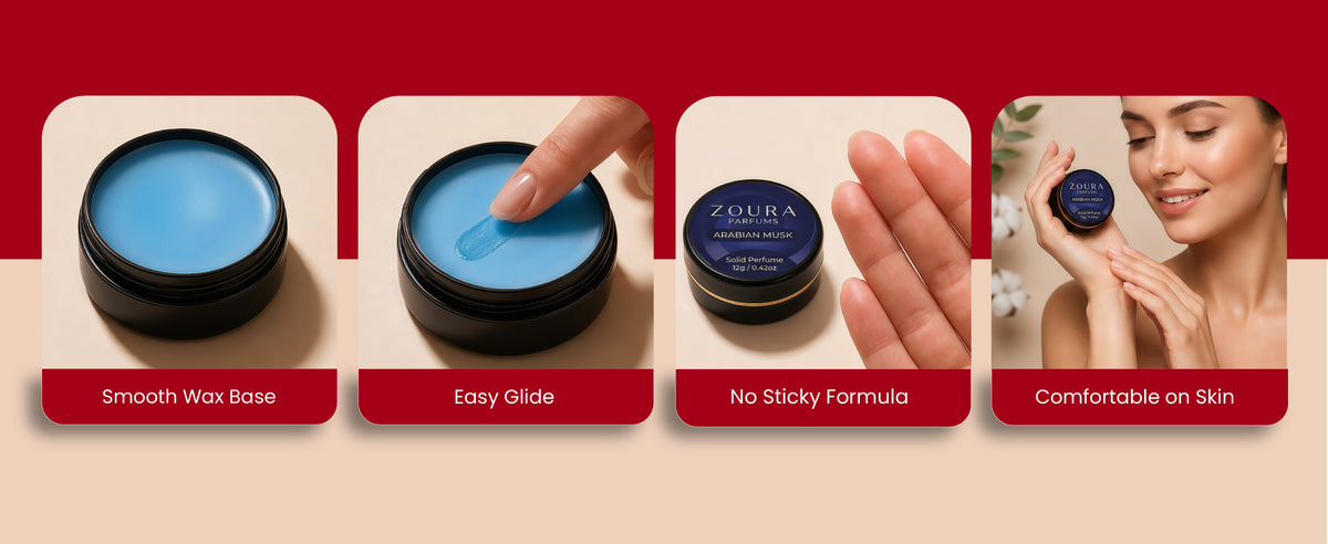 Zoura Arabian Musk Solid Perfume texture and application features — smooth wax base, easy glide, no sticky formula, comfortable on skin