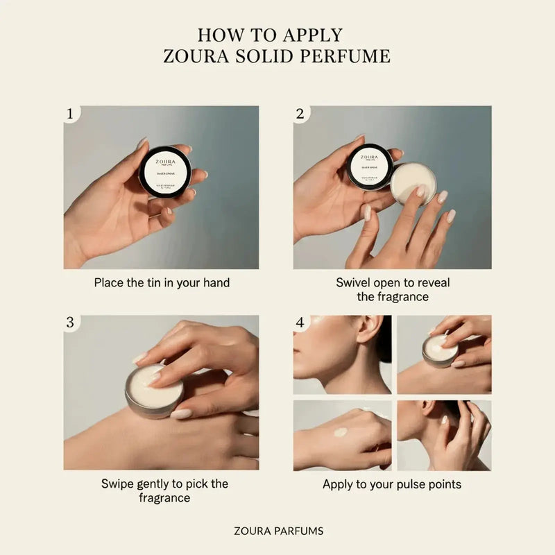 How to apply Aura Solid Unisex Perfume by Zoura Parfums, step by step application guide to pulse points