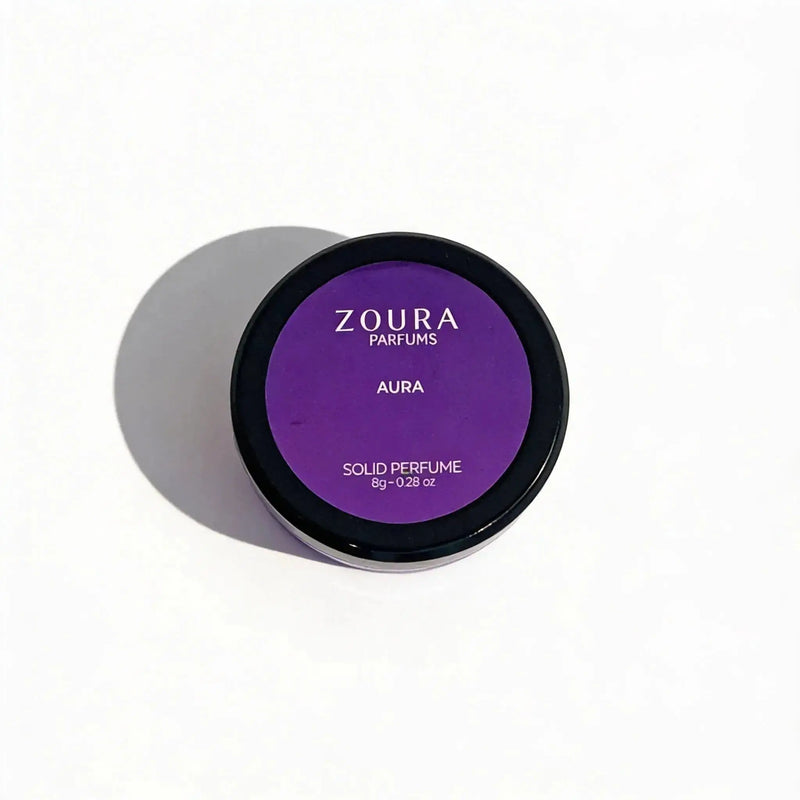 Zoura Parfums Aura Solid Unisex Perfume jar, top view, 8g non-alcoholic fragrance