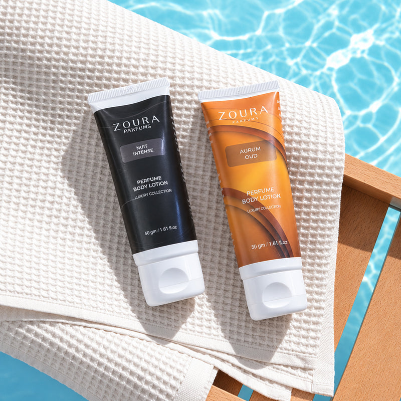 Zoura Aurum Oud and Nuit Intense body lotion gift set with rich woody amber and warm spicy fragrance profiles