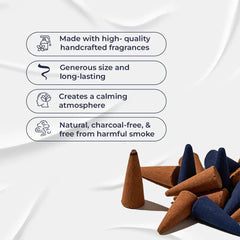 Zoura Bakhoor Cone features – handcrafted, long-lasting, calming, natural and charcoal-free incense cones