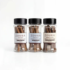 Zoura Bakhoor Mini Trio – Oud Noir, Oud Eclat, and Zahra Al Haya premium bakhoor sticks in glass jars