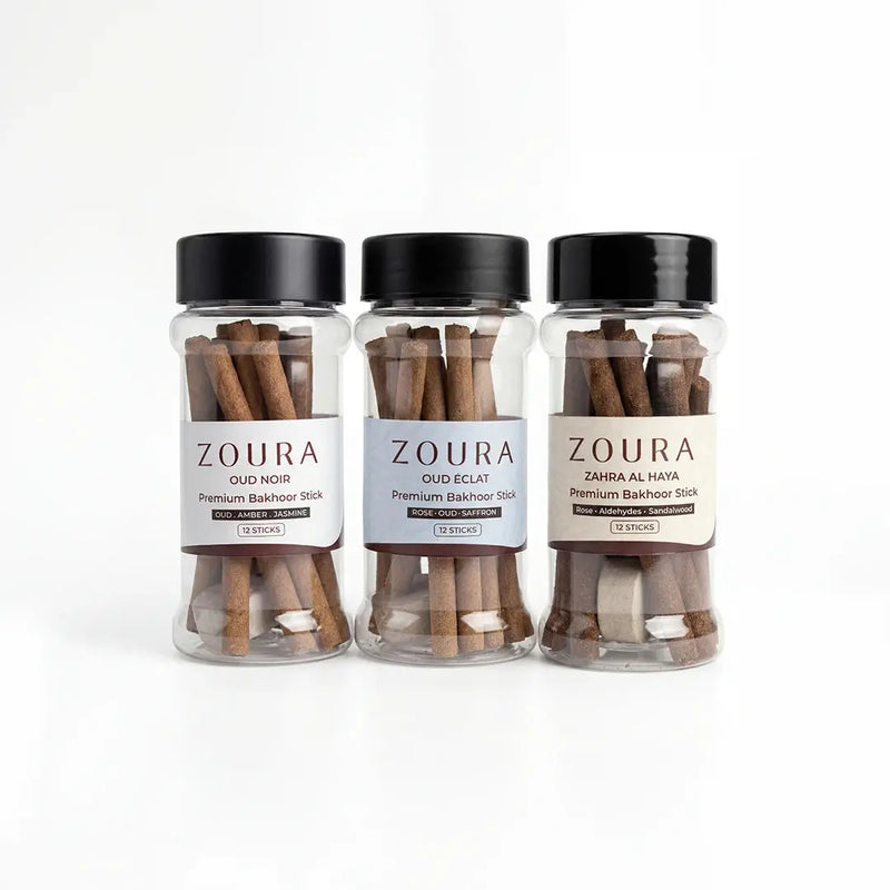 Zoura Bakhoor Mini Trio – Oud Noir, Oud Eclat, and Zahra Al Haya premium bakhoor sticks in glass jars
