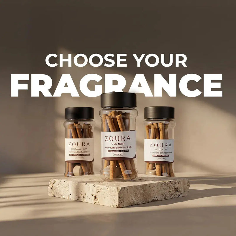 Zoura bakhoor sticks trio – choose your fragrance: Zahra Al Haya, Oud Noir, and Oud Eclat displayed on a stone pedestal