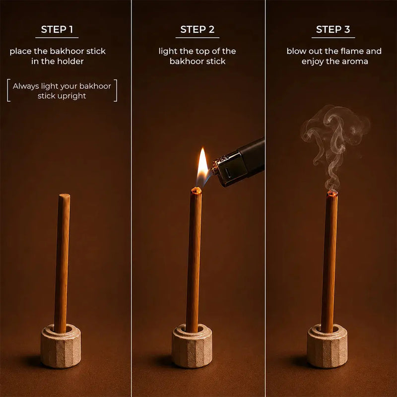 How to use Zoura bakhoor sticks – 3-step guide: place in holder, light the top, blow out and enjoy the aroma