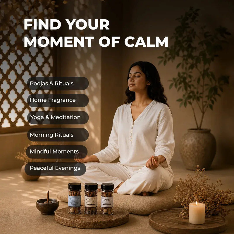 Zoura bakhoor sticks lifestyle scene – woman meditating with trio jars, ideal for poojas, yoga, morning rituals, and peaceful evenings