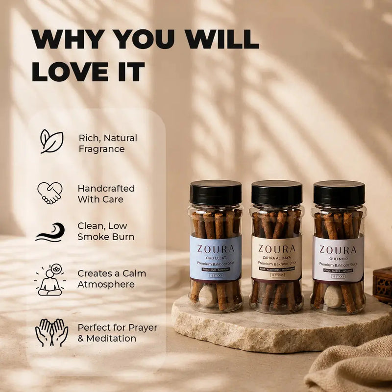 Zoura Bakhoor Sticks Trio – Why You'll Love It: natural fragrance, handcrafted quality, clean low-smoke burn, calming atmosphere, ideal for prayer and meditation