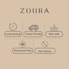 Zoura deodorant cream key benefits – long-lasting, travel friendly, skin-safe, aluminum free, non-sticky