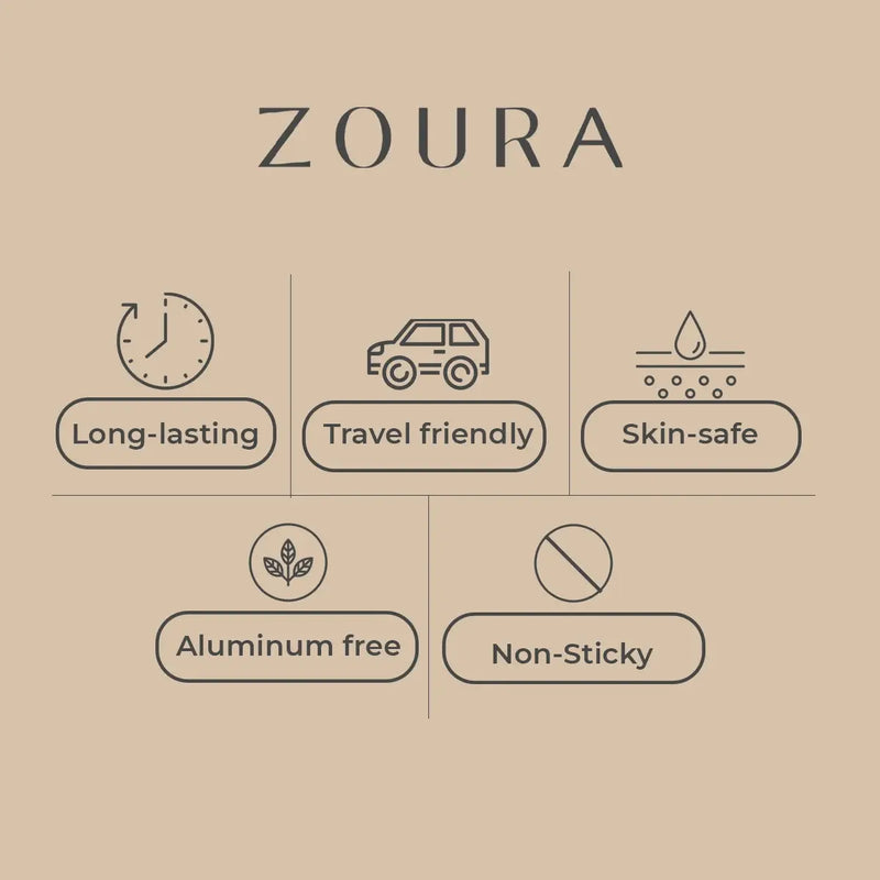 Zoura deodorant cream key benefits – long-lasting, travel friendly, skin-safe, aluminum free, non-sticky