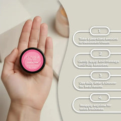 How to use Zoura natural deodorant cream – 4-step guide: take a pea-sized amount, apply and massage, use daily after shower, reapply for freshness