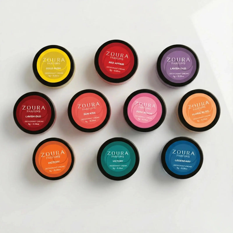 Zoura Parfums deodorant cream full range – 10 fragrance jars including Gold Rush, Red Affair, Lavish Oud, Sun Kiss, Pure Bloom, Floral Bliss, Victory, and Legendary