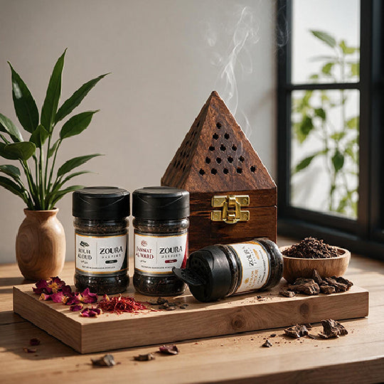 Zoura Parfums Diwan Bakhoor Trio with wooden bakhoor burner on a wooden tray by a window