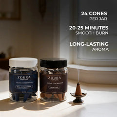 Zoura Dukhan Al Oud Bakhoor Combo – Royal Cypress Smoke and Layali Oud jars with a lit cone, 24 cones per jar, 20-25 min burn