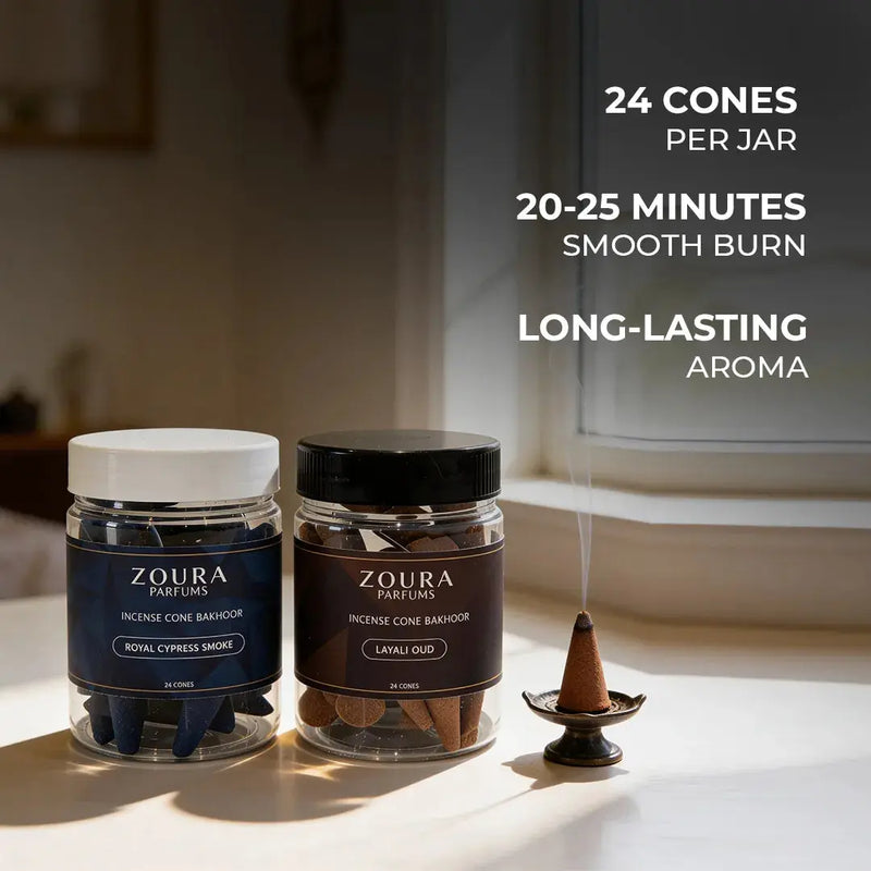 Zoura Dukhan Al Oud Bakhoor Combo – Royal Cypress Smoke and Layali Oud jars with a lit cone, 24 cones per jar, 20-25 min burn