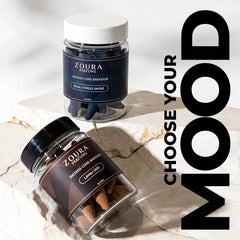 Zoura Dukhan Al Oud Bakhoor Combo – Royal Cypress Smoke and Layali Oud jars styled on marble, Choose Your Mood