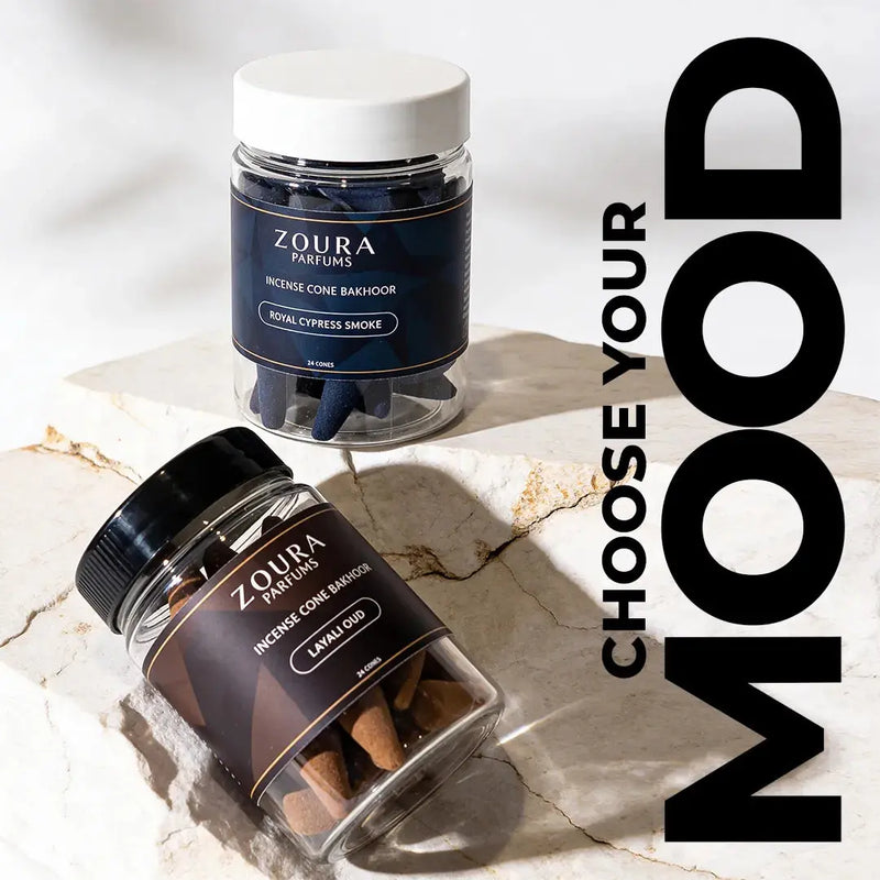Zoura Dukhan Al Oud Bakhoor Combo – Royal Cypress Smoke and Layali Oud jars styled on marble, Choose Your Mood