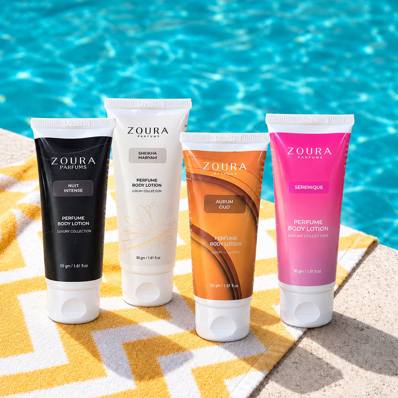 Zoura Fragrance Wardrobe body lotion gift set with four perfumed lotions featuring floral musk, spicy, woody oud and fresh floral scents