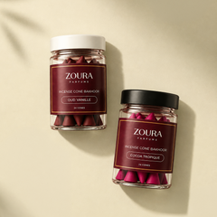 Zoura Hala Al Oud Bakhoor Incense Cones Combo, Oud Vanille and Cocoa Tropique jars with leaf shadow styling