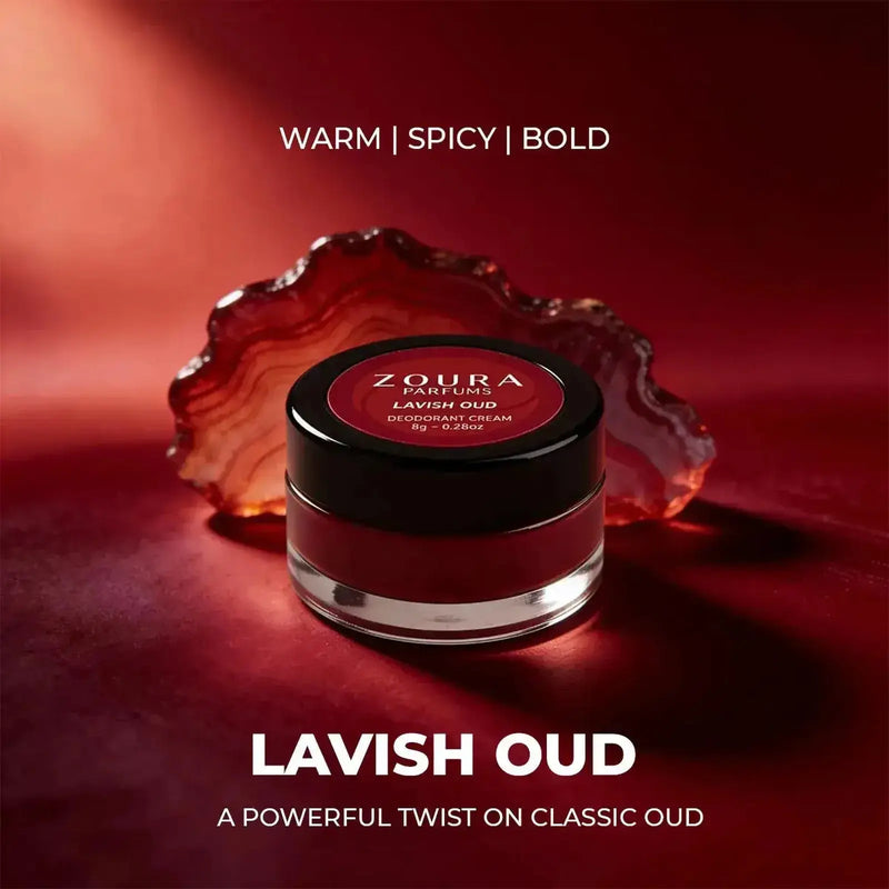 Zoura Lavish Oud natural deodorant cream – warm, spicy, bold oud fragrance jar styled with red agate, "A Powerful Twist on Classic Oud"