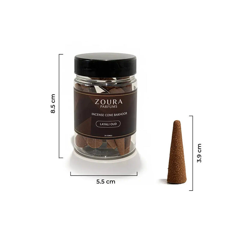 Zoura Layali Oud Bakhoor jar dimensions – 8.5cm x 5.5cm jar, 3.9cm incense cone