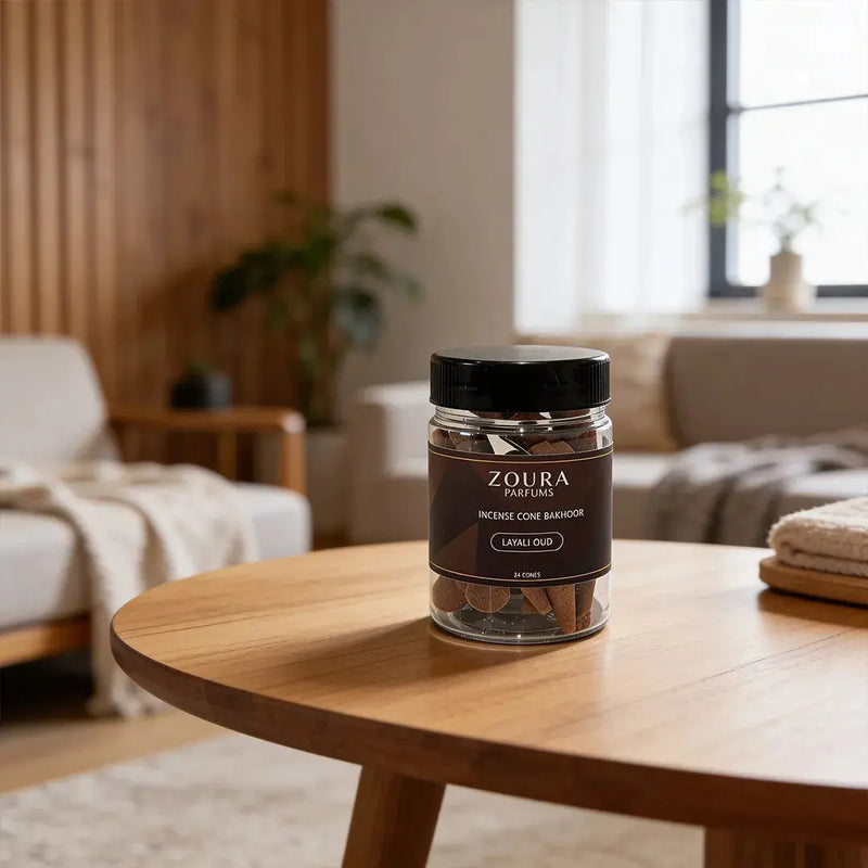 Zoura Parfums Layali Oud Incense Cone Bakhoor jar styled on a wooden coffee table in a cozy living room