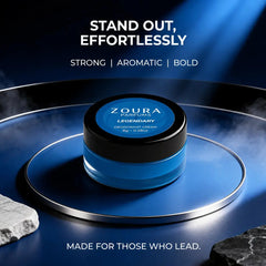 Zoura Legendary natural deodorant cream – strong, aromatic, bold fragrance jar on blue backdrop, "Stand Out, Effortlessly