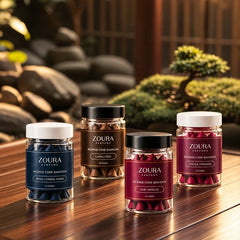 Zoura Majmouat Al Oud Bakhoor Incense Cones Combo Pack of 4 featuring Royal Cypress Smoke, Layali Oud, Oud Vanille and Cocoa Tropique