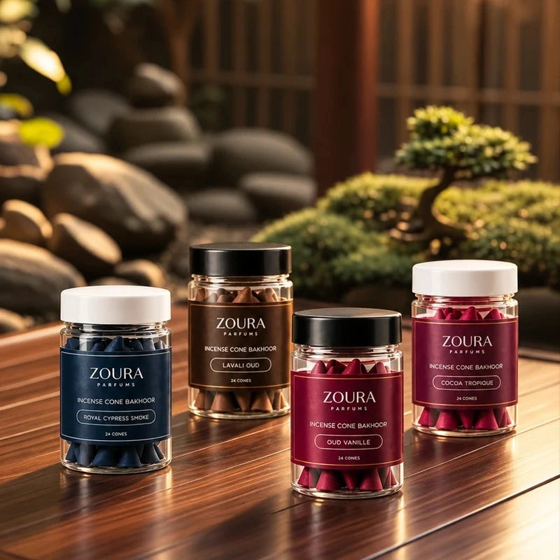 Zoura Majmouat Al Oud Bakhoor Incense Cones Combo Pack of 4 featuring Royal Cypress Smoke, Layali Oud, Oud Vanille and Cocoa Tropique