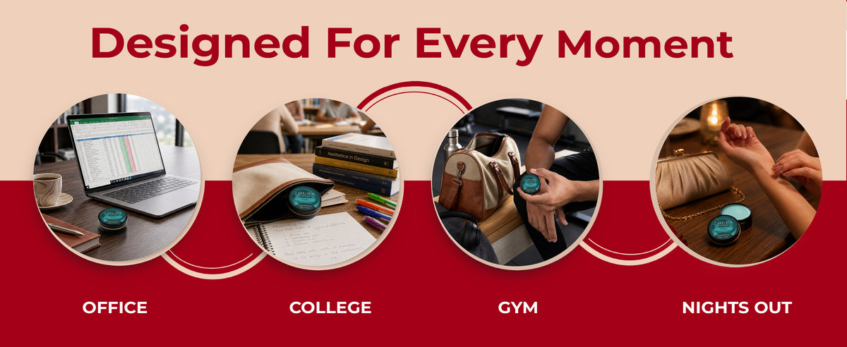 Zoura Parfums Marj Solid Perfume shown across everyday moments – office desk, college notebook, gym bag, and night out, 'Designed For Every Moment
