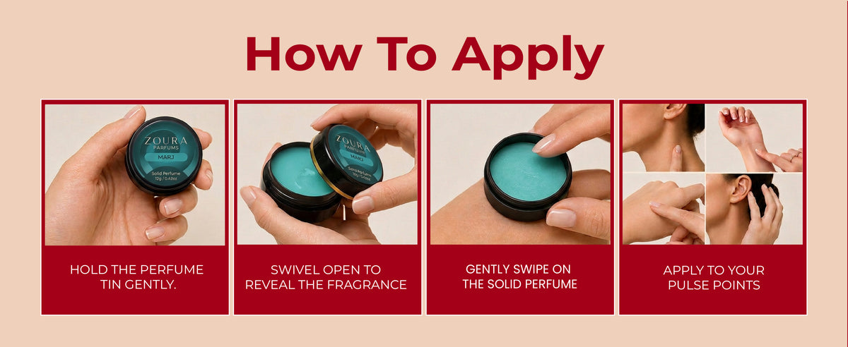 How to apply Zoura Parfums Marj Solid Perfume: hold the tin, swivel open, swipe on wrist, and apply to pulse points like neck and behind ears