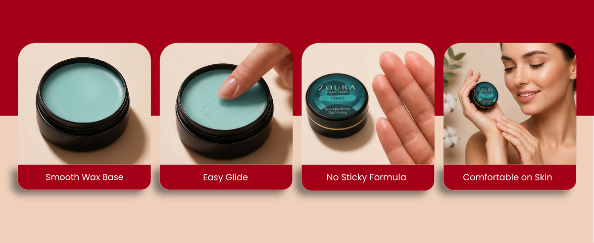 Zoura Parfums Marj Solid Perfume feature carousel showing smooth wax base, easy glide texture, no sticky formula, and comfortable application on skin