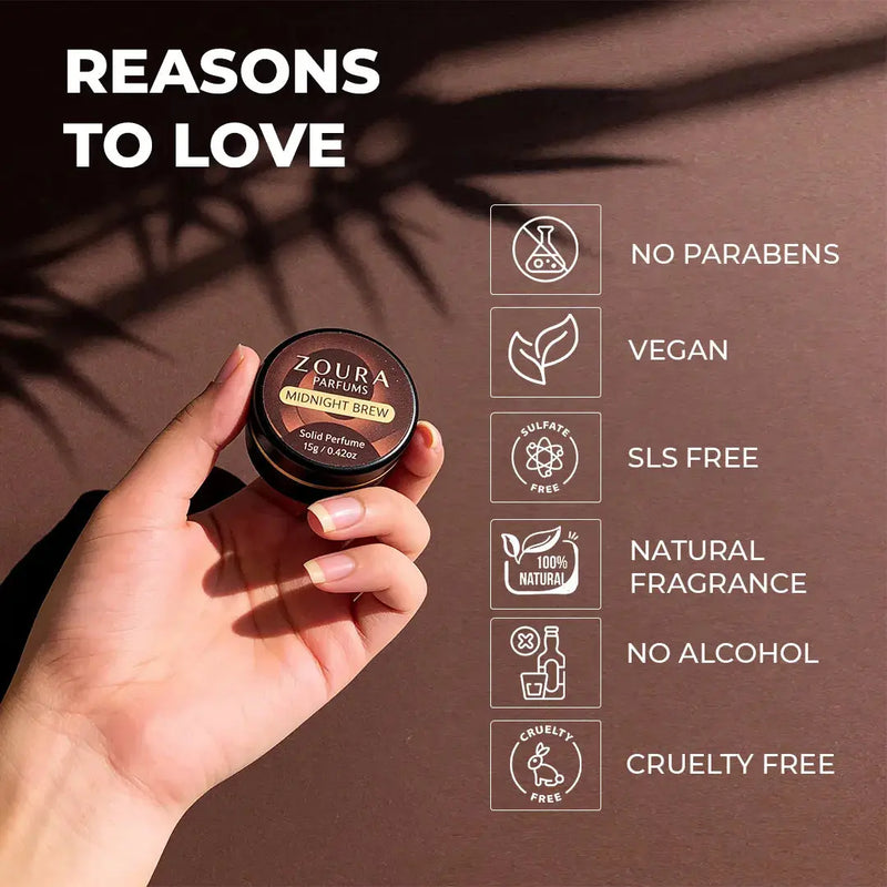 Zoura Midnight Brew Unisex Solid Perfume: no parabens, vegan, SLS free, alcohol-free, cruelty free