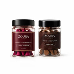 Zoura Oud Al Layl bakhoor incense cones duo combo: Cocoa Tropique and Layali Oud jars