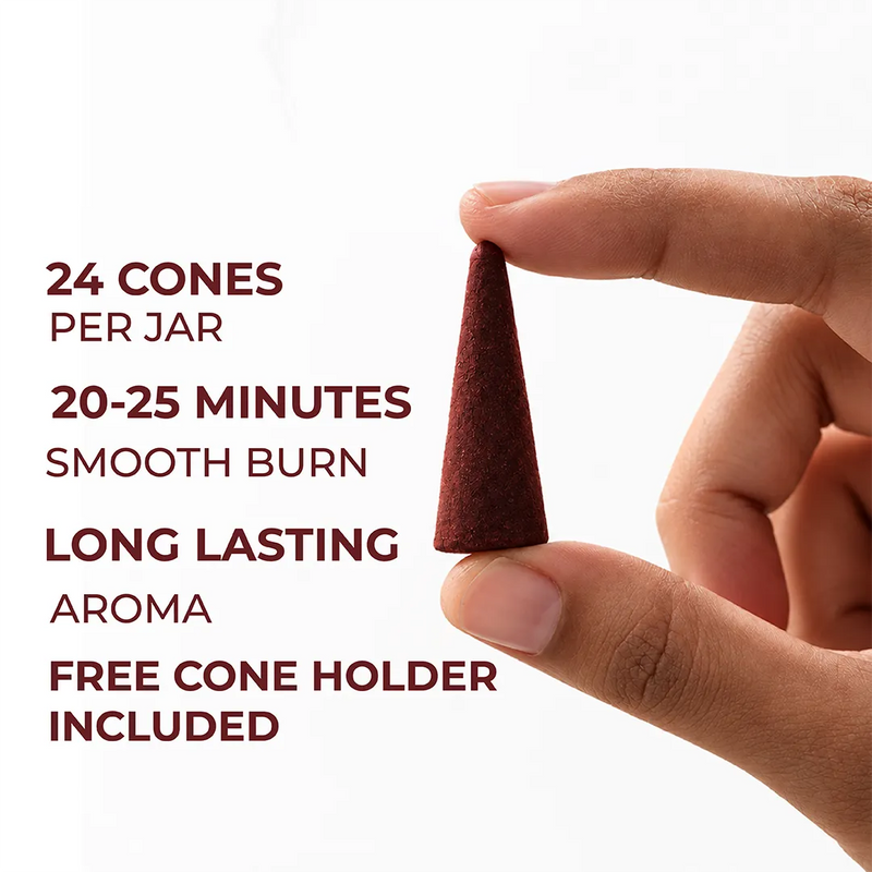 Hand holding a Zoura Oud Vanille bakhoor cone showing 24 cones, 20-25 minute burn time, and free holder