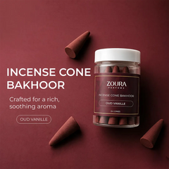 Zoura Oud Vanille Incense Cone Bakhoor jar with cones on maroon background