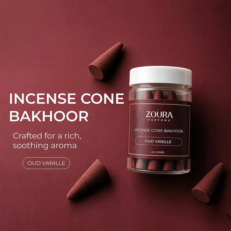 Zoura Oud Vanille Incense Cone Bakhoor jar with cones on maroon background