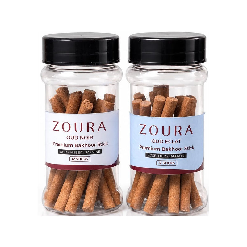 Zoura Oud Zahabi mini bakhoor incense sticks combo with Oud Noir and Oud Eclat jars, 12 sticks each