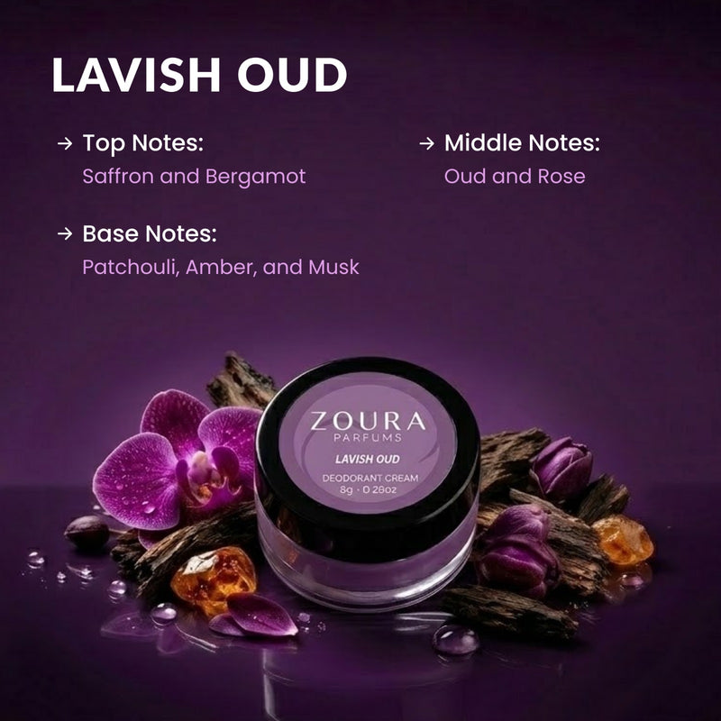 Zoura Parfums Lavish Oud deodorant cream 8g jar in purple with saffron, bergamot, oud, rose, patchouli, amber and musk notes