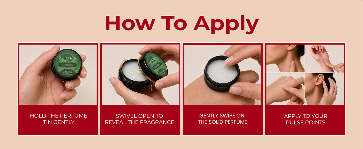 How to apply Zoura Raw Edge Solid Perfume — hold the tin, swivel open, swipe on skin, apply to pulse points
