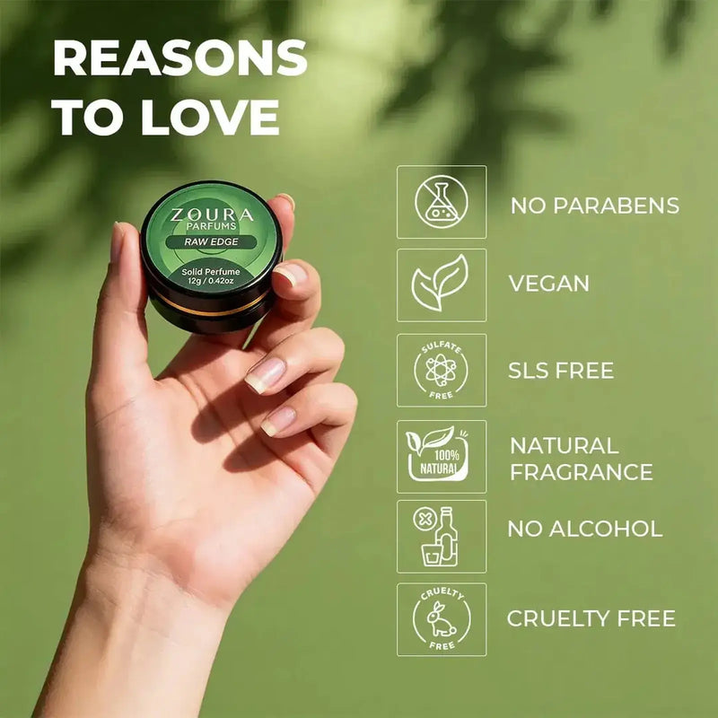 Zoura Raw Edge Unisex Solid Perfume: no parabens, vegan, SLS free, alcohol-free, cruelty free