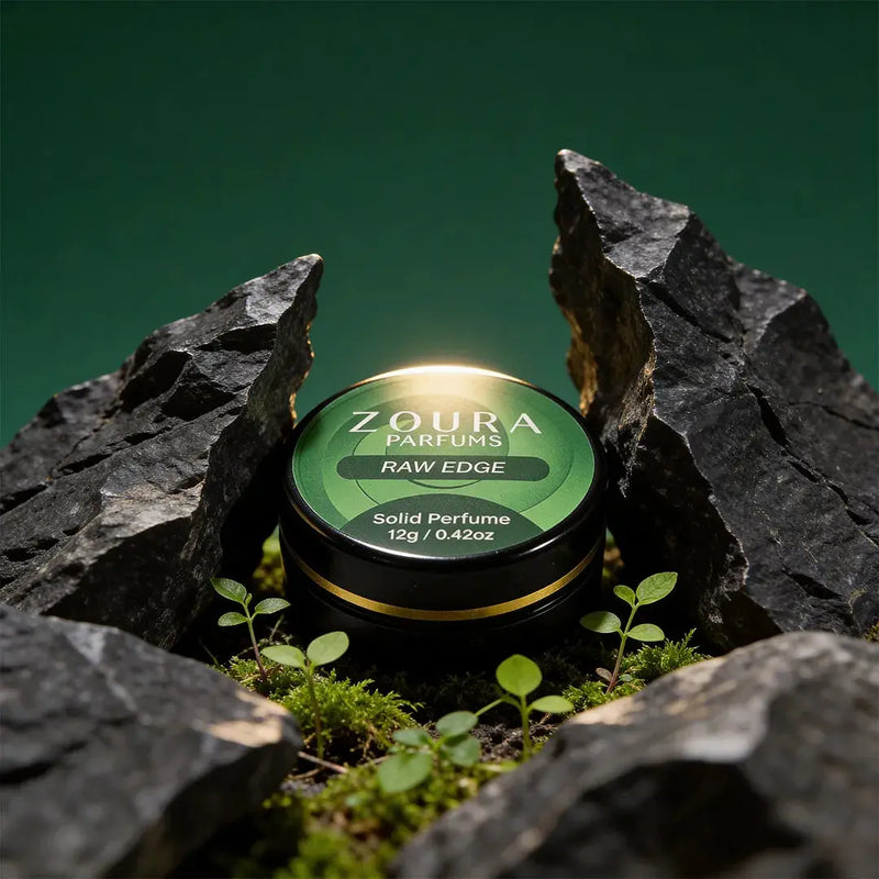 Zoura Raw Edge Unisex Solid Perfume jar between rocks with moss, 12g