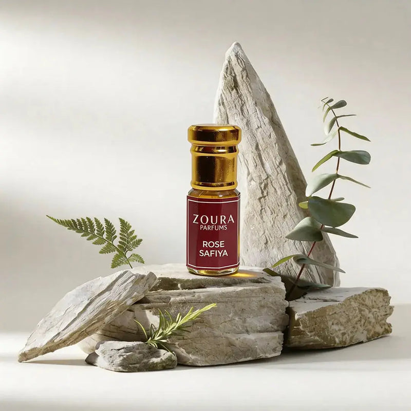 Rose Safiya jasmine attar bottle with herbs and stone - natural Zoura attar

