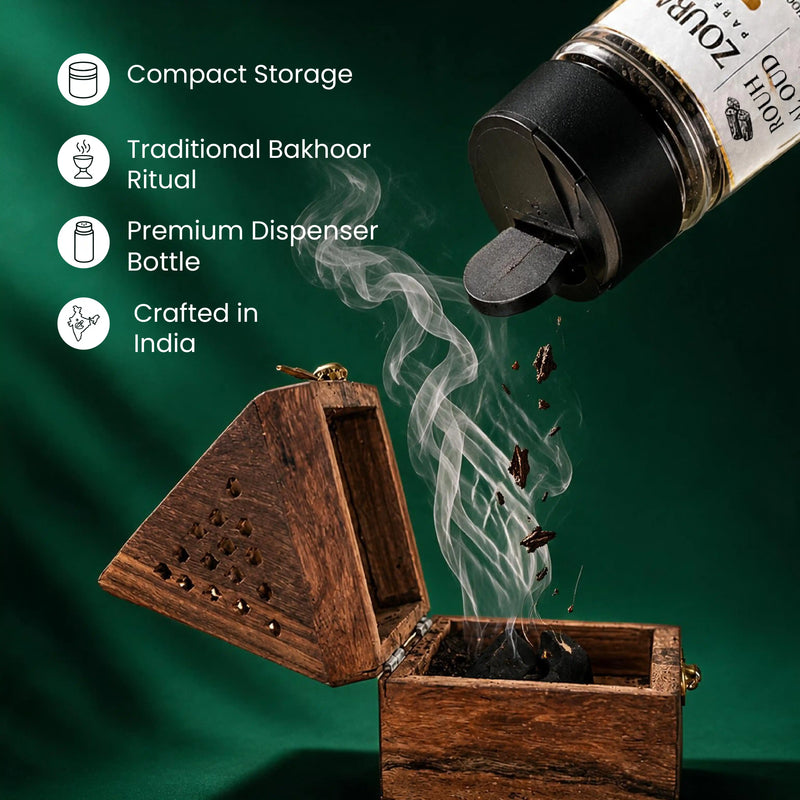Zoura Parfums Rouh Al Oud bakhoor chips poured into a burner, crafted in India