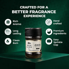 Zoura Parfums Rouh Al Oud bakhoor with rich aroma, clean burn, and easy sprinkle cap