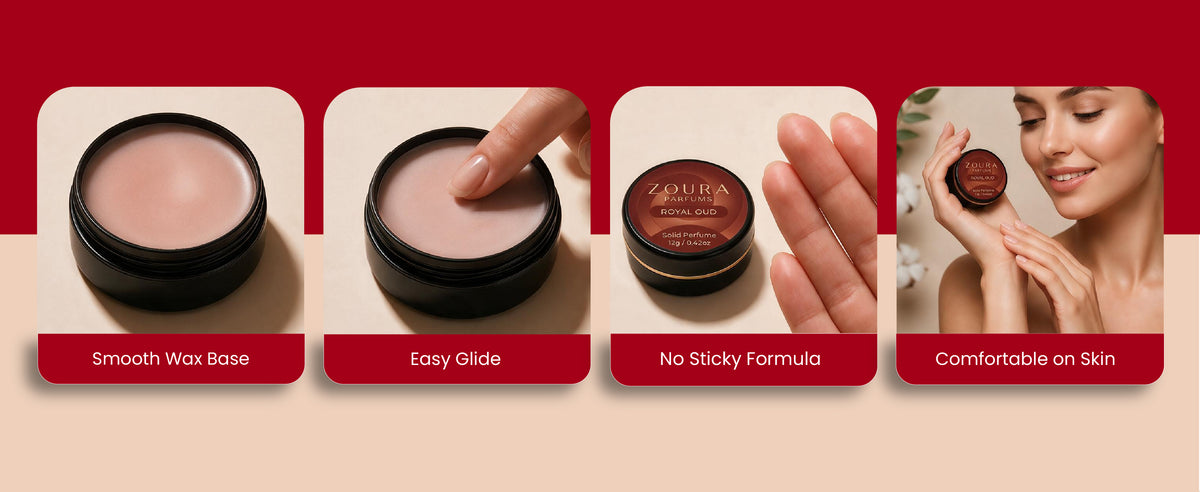 Zoura Royal Oud Solid Perfume texture and application features — smooth wax base, easy glide, no sticky formula, comfortable on skin