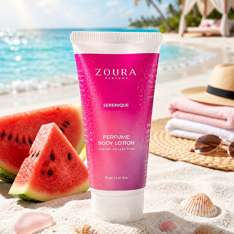 Zoura Serenique Floral Musk body lotion 50g with floral fruity, powdery and warm woody fragrance character